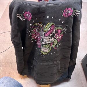 Affliction Black Hoodie with Skull and Floral Accents